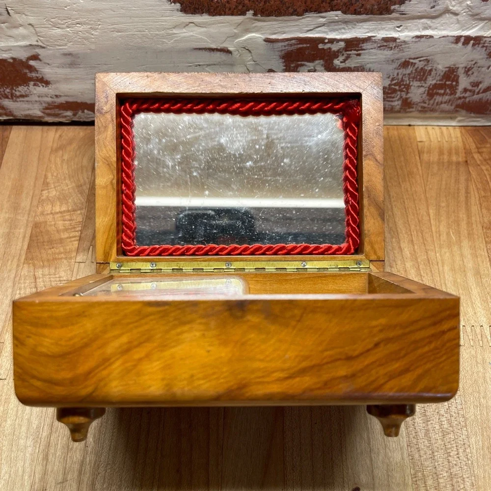 Vintage Reuge Swiss Music Box Wood Jewelry Case Minuet de Don Juan Footed Mirror